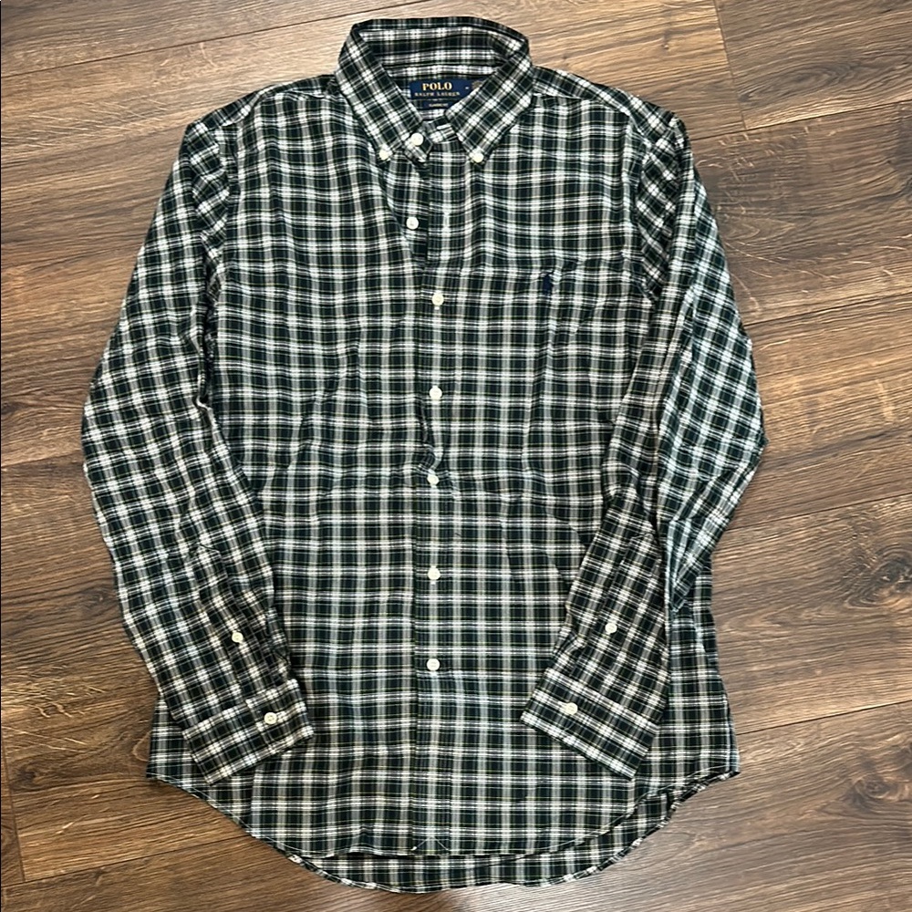 Polo by Ralph Lauren Men's Green, Navy, Yellow, and White Plaid Shirt